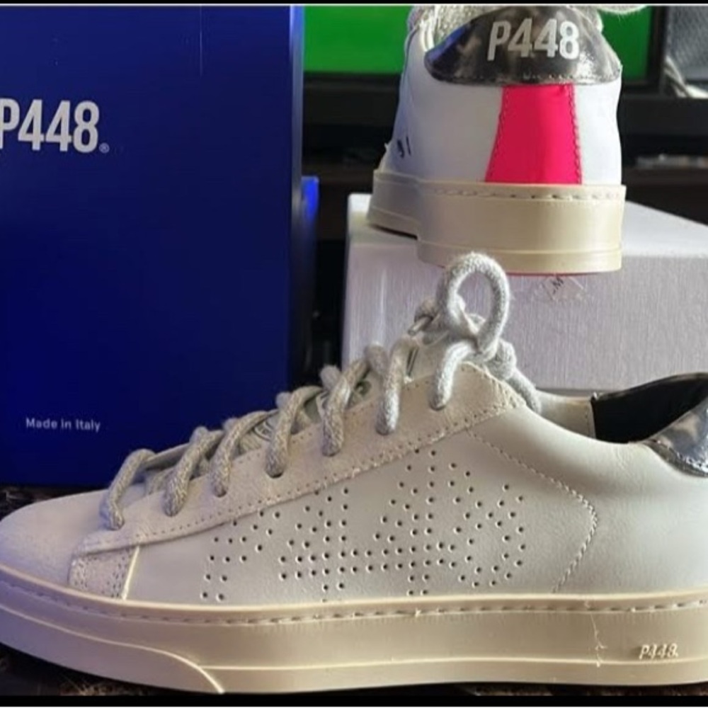 P448 White Sneakers with Pink Heel Accent
